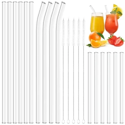 Image of KMFYMPT 16 Pieces Glass Straws, Reusable Drinking Clear Straws 6 Short + Long Straight 4 Curved with Cleaning Brushes for Smoothies, Milkshakes, Coffee, Juice
