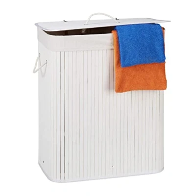 Image of Relaxdays Lidded Bamboo Laundry Hamper, 100 L, Clothes Container, 2 Compartments, Folding, Rectangular Basket, Bathroom, White, 63 x 52 33 cm