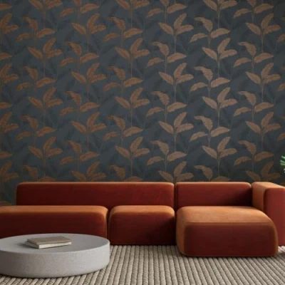 Image of SOPHIE LAURENCE Premium Navy Rust Tropical Amara Palm Leaf Design Wallpaper Elevate Any Space with Durable, Long Lasting Wallpapers