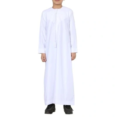Image of Boy&#039;s Kids White Thobe Emirati Jubba Islamic Clothing Kaftan Eid String Tassel