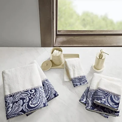 Image of Madison Park Aubrey 100% Cotton Luxurious Bath Towel Set Highly Absorbent, Quick Dry, Jacquard Paisley Design, Hotel &amp; Spa Quality for Bathroom Decor, Multi Sizes, Navy 6 Count