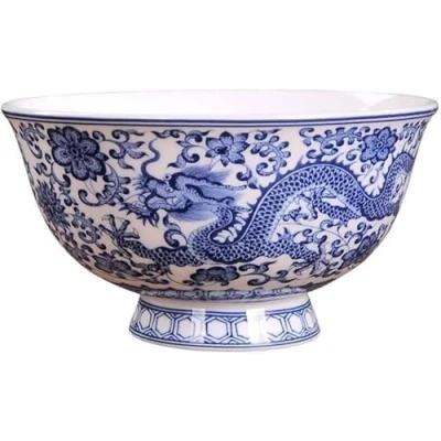 Image of RUTHYEARS Chinese style ceramic bowl,Ancient Porcelain Bowl,Rice Bowl, Blue White Bowl Dragon Pattern Household Bone China(6in)