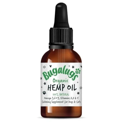 Image of Bugalugs Hemp oil dog calming products 50ml Nervous for anxiety relief dogs uk &amp; cats, organic food supplements with omega 3, 6, 9 support hip, joint