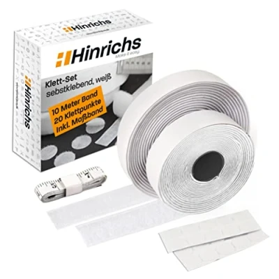 Image of Hinrichs Adhesive Hook and Loop Tape Set White 1x Self Heavy Duty Double Sided 10m Long 2cm Wide + 20x Points Ã˜ Fastener Sticker