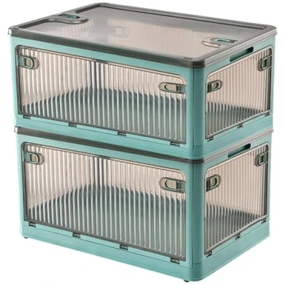 Image of Creahaus 2Pack Storage Boxes with Lids, 28L Stackable Bins for Wheels, Folding Five Doors, Containers Organizer Bedroom Living Room Study Office(Blue)