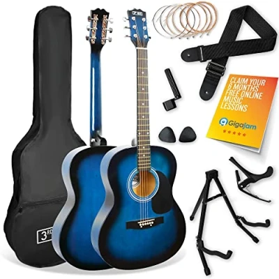 Image of 3rd Avenue Full Size 4/4 Acoustic Guitar Pack for Beginners 6 Months FREE Lessons, Gig Bag, Picks, Spare Strings, Stand, Strap, Capo Blue