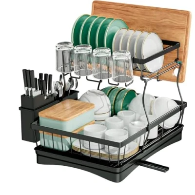 Image of edihome, Dish Drainer Rack Space Saving Rack, Stainless Steel Kitchen Drying with a Cutlery Holder, Racks for Counter (2 Levels)
