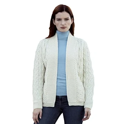 Image of Aran Crafts Irish Knitted Edge to Cardigan, 100% Merino Wool, Authentic &amp; Traditional Feel, Classic Sweater Style Knit Designs, Made in Ireland. (X5170 XS MBLU)