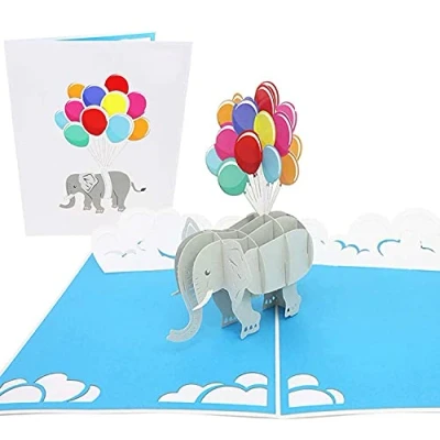 Image of PopLife Elephant and Balloons 3D Mothers Day Pop Up Card Happy Birthday Card, Baby Shower, Get Well Folds Flat for Mailing Mother, Daughter, Son, Wife, Granddaughter