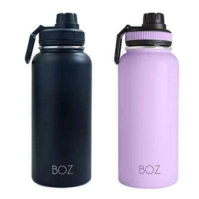 Image of BOZ Stainless Steel Water Bottles 2 Pack Bundle Black Bottle + Lavender Insulated 1l Wide Mouth BPA Free Metal for Gym with Spout Lid
