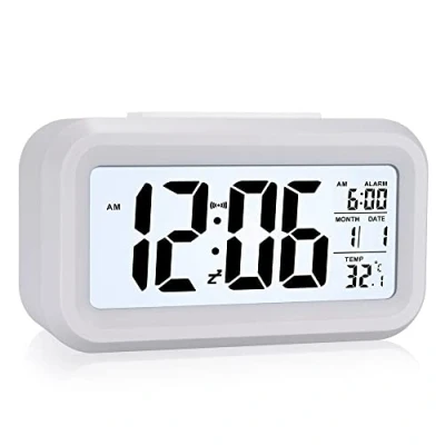Image of Digital Alarm Clock, LCD Bedside Clock with Temperature, Date Time, Snooze, 12/24Hr, Silent Clocks Non Ticking Large Display for Bedroom Travel Office, Battery Powered (White)