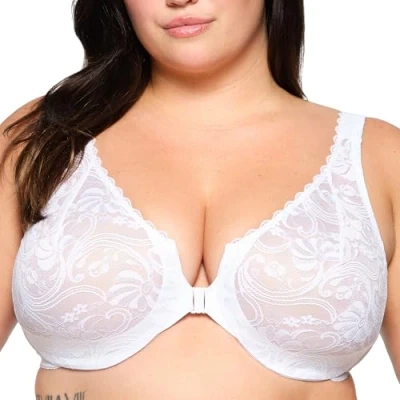 Image of Glamorise Full Figure Plus Size Wonderwire Front Closure Stretch Lace Bra Underwire #9245 White