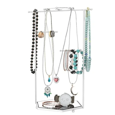 Image of Mango Steam Tabletop Mirror Base Jewellery Tower/Display Stand for Bracelets, Necklaces, Hoop Earrings, Rings (Hexagon, White)