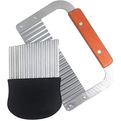 Image of 2PCS Crinkle Cutter, Potato Cut Chips,Wave Cutting Tool French Fry Slicer Stainless Steel Blade Wooden Handle Vegetable Salad Chopping Knife