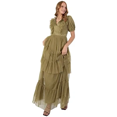 Image of Anaya with Love Women&#039;s Womens Maxi for Ladies Frilly V Neckline Short Puffed Sleeve Tiered Ruffle Back Keyhole High Dress, Olive, 8 UK