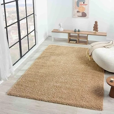 Image of VIMODA Prime Shaggy Carpet Long Pile Rugs Modern for Living Room Bedroom Plain Nougat Light brown Beige, Ø 160 cm Round
