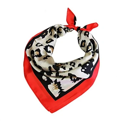 Image of Women Chiffon Scarves Animal Print Leopard Neck Wrap Sheer Scarf Multifunction Polyester Silk Satin Small Square Wraps Shawls (Leopard Red Edge)