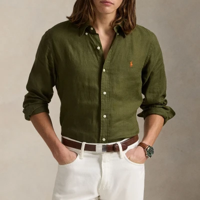 Image of Polo Ralph Lauren Custom FIT Linen Shirt Shirt, Men&#039;s, Size: XXL, New olive