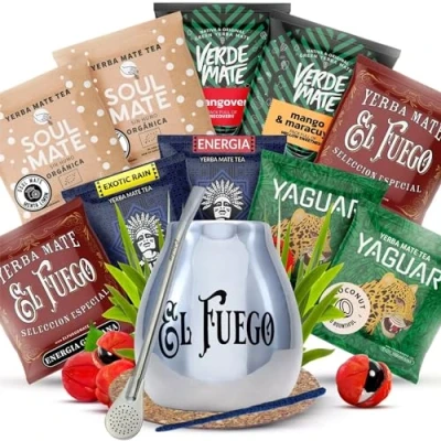 Image of yerba mate sample set with accessories Yaguar, Verde Mate, Soul Guarani, El Fuego Calabash, bombilla 10x50g Natural caffeine 500g 0.5kg