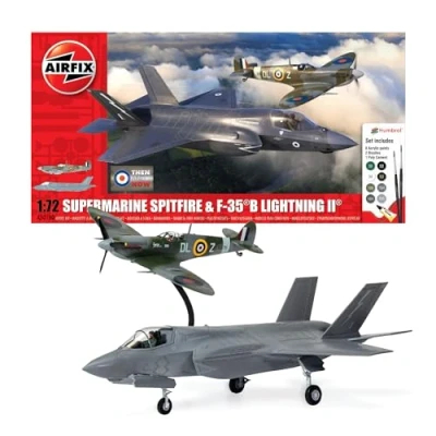 Image of Airfix Aircraft Model Building Kits A50190 Supermarine Spitfire &amp; F 45 B Lightning II Miniature Craft Kit, 1/72 Scale Plastic Plane for Adults to Build Aeroplane Gifts Men