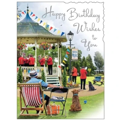 Image of Jonny Javelin Male Birthday Card Happy with Artistic Brass Band Bandstand Design and Embossed Foil Details for Men