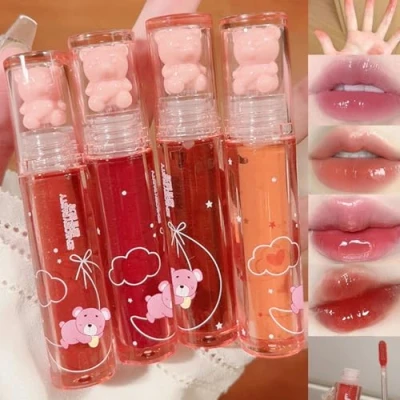 Image of Baorder 4Pcs Bear Lip Glaze Hydrating Jelly Gloss,Jelly Liquid Lipstick Cute Lipgloss Moisturizing Stain Plumping Water Gloss Waterproof Long Lasting Cheek Rouge Tint Cosmetics Makeup