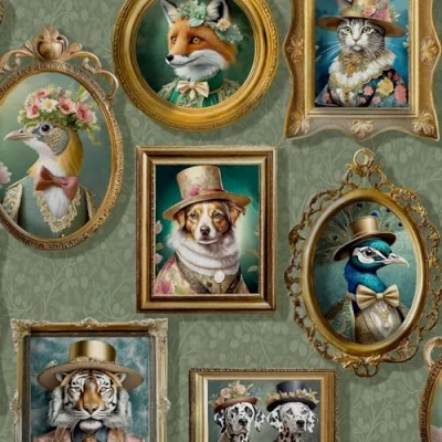 Image of Regal Beasts Animals Dogs Foxes Peacocks in Costumes Sage Green Wallpaper for Feature Walls and Bedrooms, Hallways, Rest Rooms Animal Print Dog Cat Fox Peacock Artistic Trendy Stylish Wall