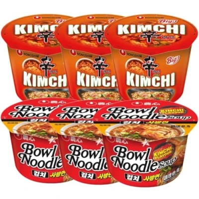 Image of Nongshim Korean Instant Bowl Noodles Soup (Pack of 6) SHIN Kimchi x 3 &amp;