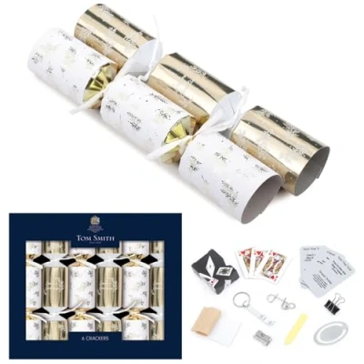 Image of Tom Smith Pack 6 Luxury Mini Charity Christmas Crackers White &amp; Gold Festive Foliage Design