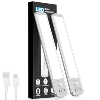 Image of Under Cabinet Kitchen Lights,2 Pack of 6500K Motion Sensor Lights Indoor Dimmable Cupboard Light 2000mAh Rechargeable Wardrobe with Magnetic Strip for Stairs, Wardrobe, Hallway, Kitchen, Garage