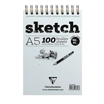 Image of Clairefontaine Ref 96646C Ivory Wirebound Sketch Pad (100 Sheets) A5 (148 x 210mm) in Size, 90gsm Paper Suitable for Sketching with Pencil, Charcoal