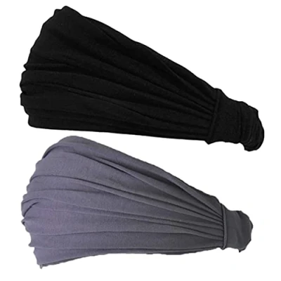 Image of CHARM Black &amp; Dark Grey 2 Pack Japanese Bandana Headbands for Men and Women Comfortable Head Bands with Elastic Secure Snug Fit Ideal Runners Fitness Sports Football Tennis Stylish Lightweight M