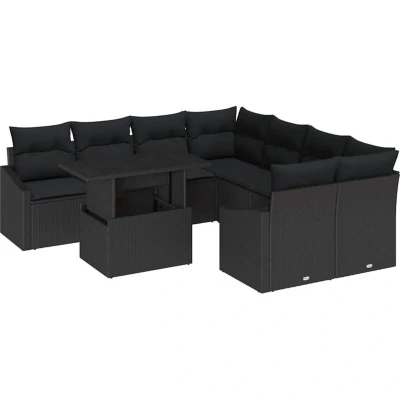 Image of vidaXL 9 Piece Garden Sofa Set with Cushions Black Poly Rattan