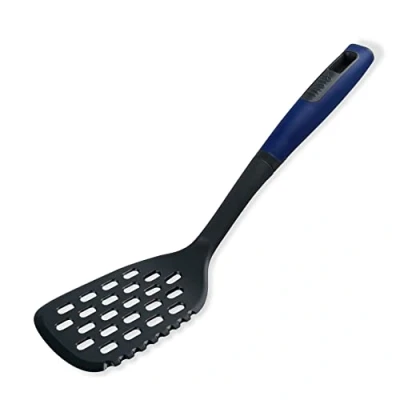 Image of Tasty Everyday Slotted Cooking Turner with Angled Front and Cutting Edge, Heat Resistant Soft Grip, Turner, Non Scratch, Kitchen Utensil, Dimensions: 34x10x5.5cm Colour: Dark Blue, Grey