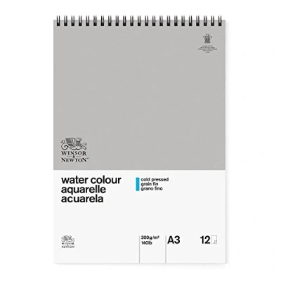 Image of Winsor and Newton Watercolour Paper Pad, A3, 12 Sheets, 300 g/m�, Spiral Bound, Cold Pressed, Acid , Mixture of 25 Percent Cotton Cellulose Fibres, Natural White