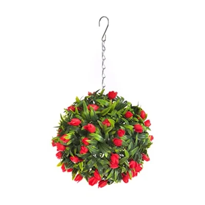 Image of Best Artificial TULIP Flower Ball Lush Long Leaf Topiary Grass (24cm, Red)