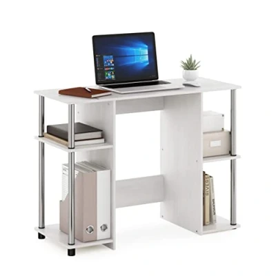 Image of Furinno Computer Study Desk, Engineered Wood, White Oak/Stainless Steel, 39.5 (D) x 97.51 (W) 72.59 (H) cm