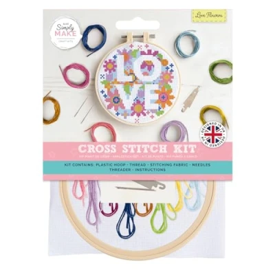 Image of Simply Make Cross Stitch Kit, Love Flowers, Multicoloured, Single Craft Kits for Adults, Sewing Kit and Embroidery Home Crafts, Threads Included