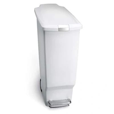 Image of simplehuman CW1362 40L Slim Recycling Kitchen Pedal Bin with Lid Lock, Silent Soft Close Lid, Built In Wheels, Stay Open White Plastic, W 26.0cm x H 64.0cm D 49.0cm