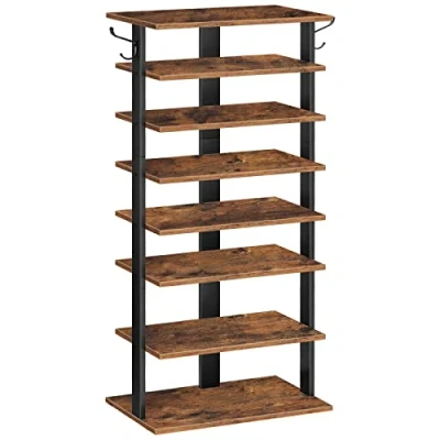 Image of HOOBRO Shoe Rack Wooden, Tall Rack, Narrow Storage Organizer with 2 Hooks, Slim Shelf, Vertical Tower for Entrance, Living Room, Hallway, Industrial, Rustic Brown EBF750XJ01
