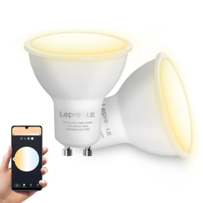 Image of Lepro GU10 Smart Bulbs, Warm to Cool White Light Bulbs GU10, Dimmable LED Spotlight Works with Alexa and Google Home, 4.5W, CCT, 100 Beam Angle, Pack of 2 (2.4GHz WiFi)