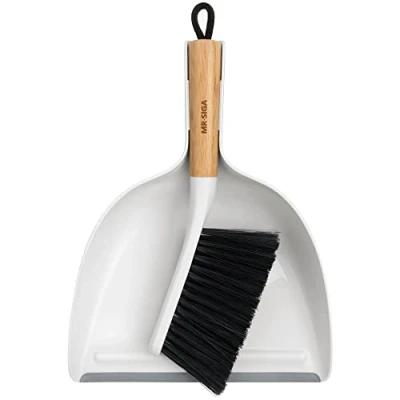 Image of MR.SIGA Dustpan and Brush Set, Portable Cleaning Combo with Bamboo Handle, 1 Set