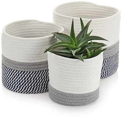Image of com four® 3 piece basket set decorative fabric with handles round storage boxes, baskets planter organizer (3 parts blue. Gray)