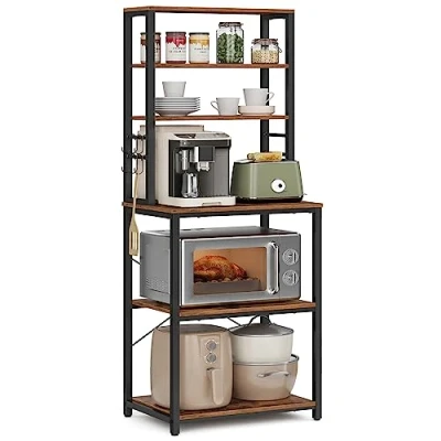 Image of VASAGLE Kitchen Storage Rack, Coffee Bar, Baker’s Total 6 Shelves and Hooks, for Microwave, Steel Frame, Industrial, 40 x 60 167 cm, Rustic Brown Black KKS024B01