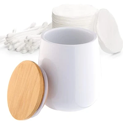 Image of KADAX Bathroom Container, Ceramic Cotton Pad Holder with Bamboo Lid, Small Canister for Buds, Bobby Pins, Stylish Organiser (White)