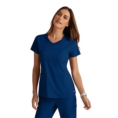 Image of BARCO Grey&#039;s Anatomy Spandex Stretch Direct Bolt Scrub Top for Women, V Neck Women&#039;s Top, Indigo (Navy), M