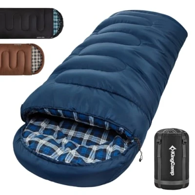 Image of KingCamp Sleeping Bag 4 Seasons Cotton Flannel with Hood, Bags for Adults Child Winter Warm, Mummy Camping Lightweight Envelope Style Hiking Traveling Indoor Outdoor