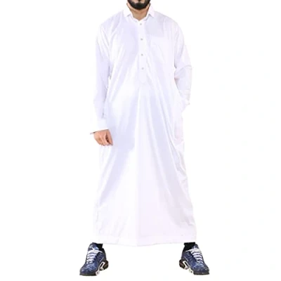 Image of TruClothing Mens Thobe Jubba Turn Down Collar Islamic Muslim Cotton Kaftan Dress Robe Arabic White M 54
