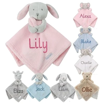 Image of Personalised Baby Comforter Blanket Newborn Christening Shower Gift Boy Girl Keepsake Soft Snuggly Toy Blankie (Pink Bunny)