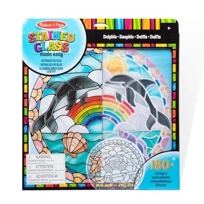 Image of Melissa &amp; Doug Stained Glass Dolphin Art Kit, Arts and Crafts for Kids age 5+, Craft Kits, Activity Window Art, Sticker Animal Stickers, Mess Free